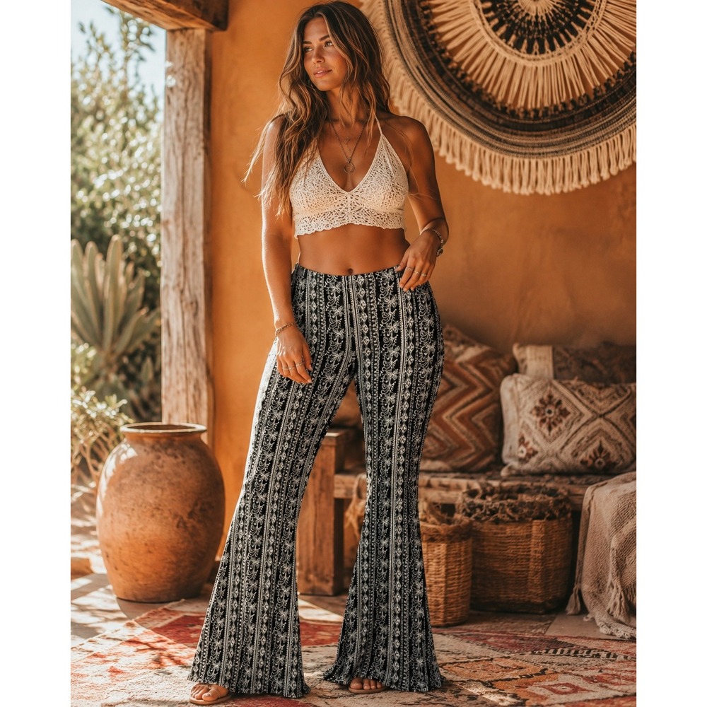 Love Tree Flare Pants Women Large Black White Boho Floral Print Festival